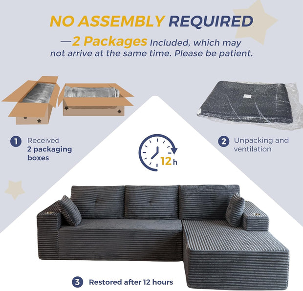 MAXYOYO 110" Modular Sectional Couch with L-Shape Chaise, Modern Boneless Couch for Living Room, Sofa in A Box, Oversized Sofa Sleeper with Deep Seat, No Assembly Required, Dark Grey