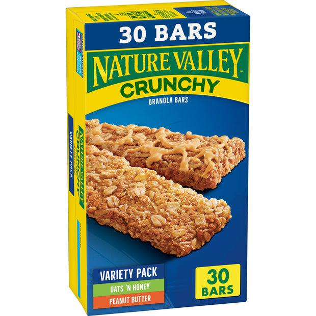 Nature Valley Crunchy Granola Bars Bulk Variety Pack, Oats 'n Honey, Peanut Butter & Oats 'n Dark Chocolate, 30 Two-Bar Wrapped Pouches (60 Bars Total), Whole Grain, No Artificial Flavors, 44.7 OZ