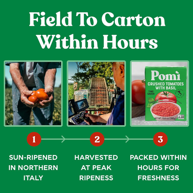 Pomì Crushed Tomatoes with Basil - Creamy, Velvety Italian Sauce, No Salt, Additives/Preservatives, GMO-Free, Gluten-Free, 100% Fresh Tomatoes, 13.8oz (Pack of 12)