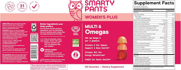 SmartyPants Women's Multivitamin Gummies - Improved Formula: Omega 3 (DHA/EPA), Methylfolate, CoQ10, Vitamin D3, C, Vitamin B12, B6, A, K & Zinc, Inositol, Gluten Free, 90 Count (30 Day Supply)