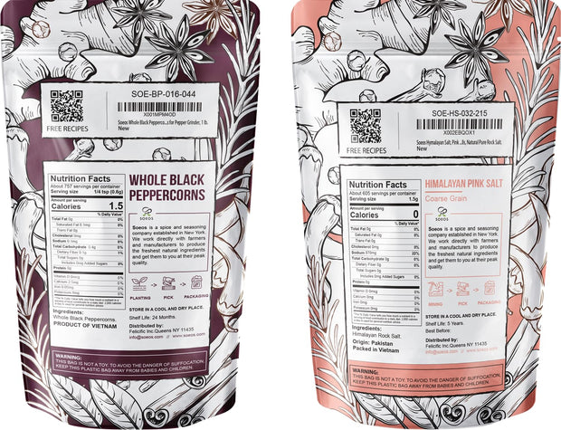 Soeos Whole Black Peppercorns 12oz + Himalayan Pink Salt 2lb, Salt and Pepper for Grinders, Black Peppercorn Refil, Pink Himalayan Sea Salt, 2 Piece Set