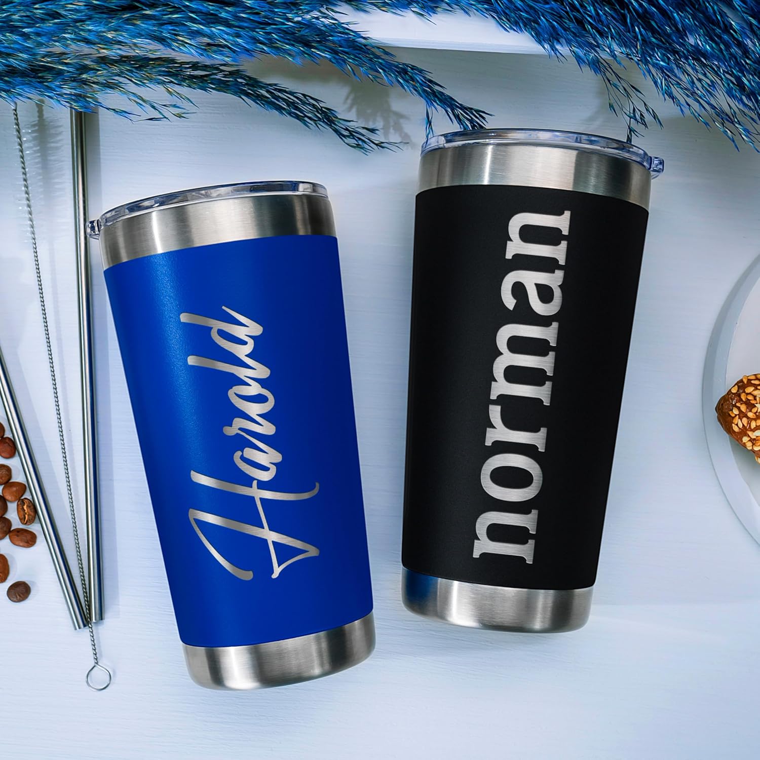Personalized Tumblers, Stainless Steel 20 oz Tumbler w/Lid | 13 Designs | Personalized Cups Double Walled Insulated Coffee Cup for, Gym, Fitness | Hot and Cold Drink Use - Black