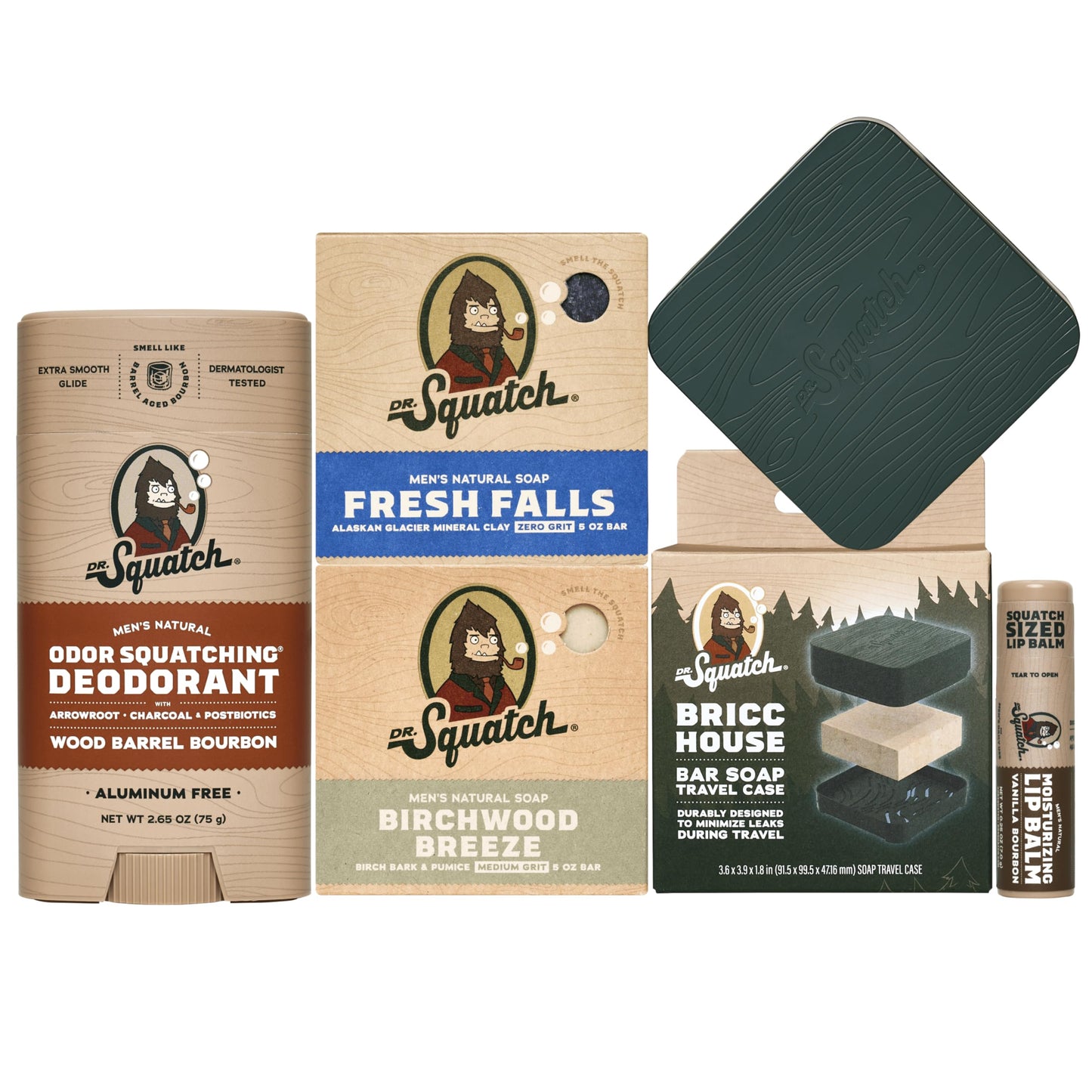 Dr. Squatch NEW Bricc House Travel Pack - Soap Travel Case + Cool Fresh Aloe, Coconut Castaway Soap + Rainforest Rapids Deodorant + Original Squatch Lip Balm - Full Routine Natural Men's Care Kit