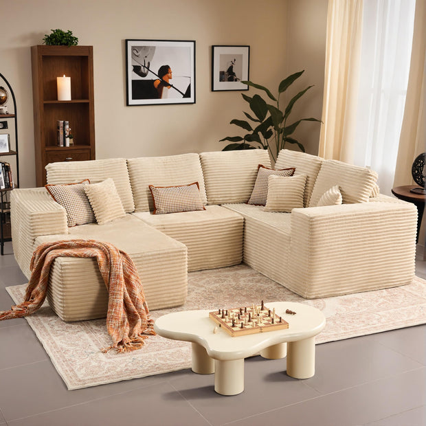 114" Boneless Couches for Living Room, Brown Faux Leather Cloud Sectional Couches with Chaise, Deep Seat L Shaped Modular Sofa, No Assembly Required Sofas in a Box (Right,Faux Leather,Brown)