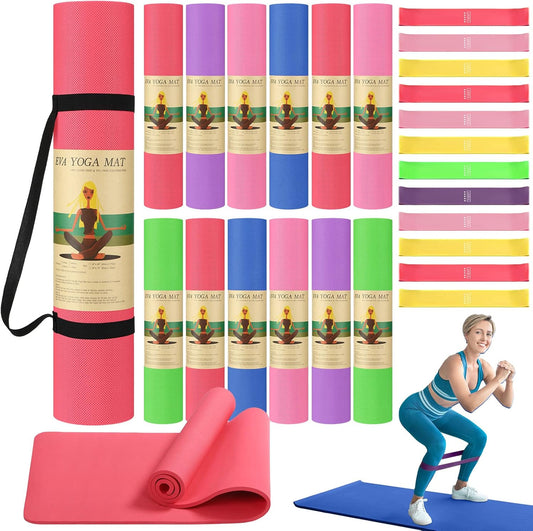 Hoolerry 36 Pieces Yoga Mats Sets Includes 12 Pcs Yoga Mats Bulk 68” x 24” x 6mm Thick Exercise Mat Non Slip 12 Resistance Bands 12 Carrying Straps for Women Girls for Gym Pilates