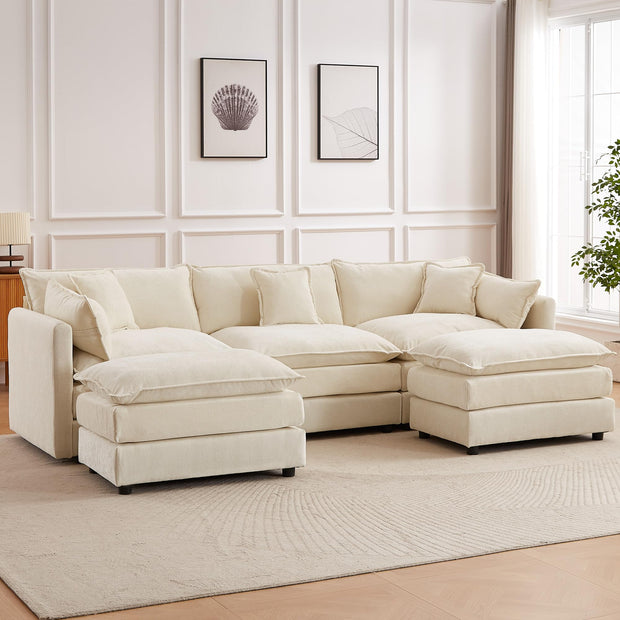 Modular Sectional Sofa, 112.2 Inch L Shaped Couch Set with Armrests, 3-Seater Comfy Cloud Couches with Movable Ottoman for Living Room Apartment, Coffee with 1 Ottoman