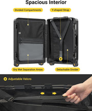 LEVEL8 Zipperless Checked Luggage with Aluminum Frame, Upgraded Medium Hardside Suitcase with Spinner Wheels, Metal Travel Luggage with Double Tsa Locks, 24 Inch, Black