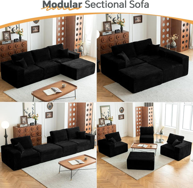 108" Modular Sectional Sofa Cloud Couch with Deep Seats, L Shape Memory Foam Couch with Chaise and Movable Ottoman, Sectional Couches for Living Room, Comfy Boneless Sofa No Assembly, Black