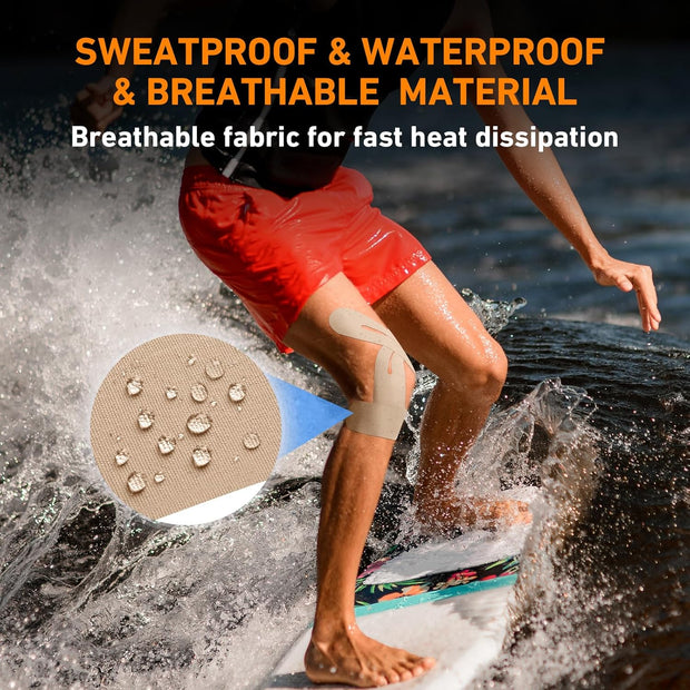 PreCut Kinesiology Tape for Knees, 12 PCS Waterproof KTQUICK Knee Tape for Knee Pain Relief Pre Cut, Original Cotton Athletic Knee Tape, Waterproof & Hypoallergenic Latex-Free for Sports (Black)