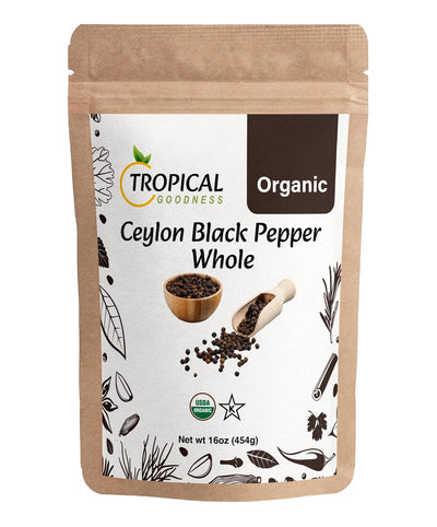 Tropical Goodness Organic Black Peppercorns Whole 16 oz/1lb, For grinder refill, Authentic Tropical Flavour, USDA & Kosher Certified, Non-GMO, Gluten-Free
