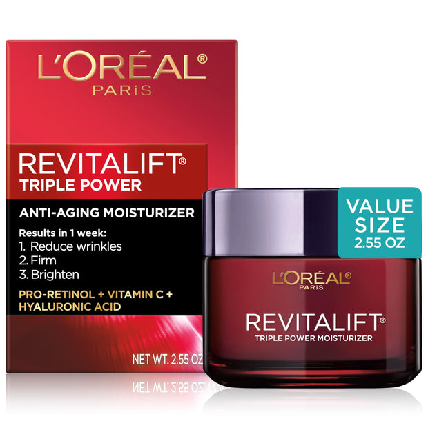 L'Oreal Paris Revitalift Triple Power Anti-Aging Face Moisturizer, Pro Retinol, Hyaluronic Acid & Vitamin C to Reduce Wrinkles, Firm & Brighten Skin, 1.7 Oz