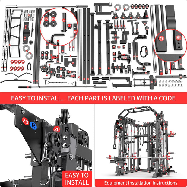 Smith Machine with Cable Crossover System, Multi-Function Squat Rack Power Cage for Home Gym, Power Rack and Packages Weight Sets
