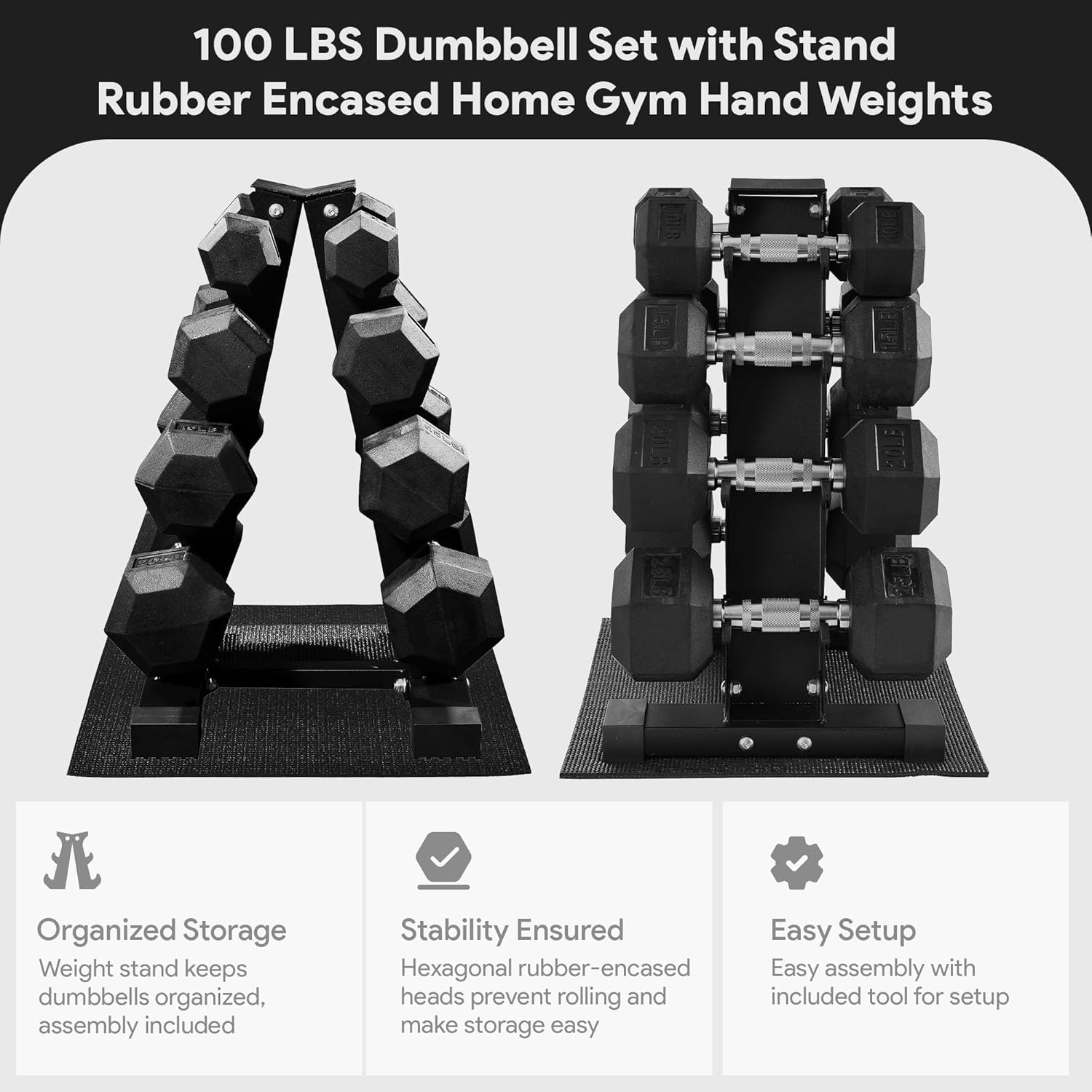 BalanceFrom Rubber Coated Hex Dumbbell Weight Set with Storage Rack, 100LB or 150LB or 200LB Set, 5-20 lbs or 5-25 lbs or 10-30 lbs Pairs