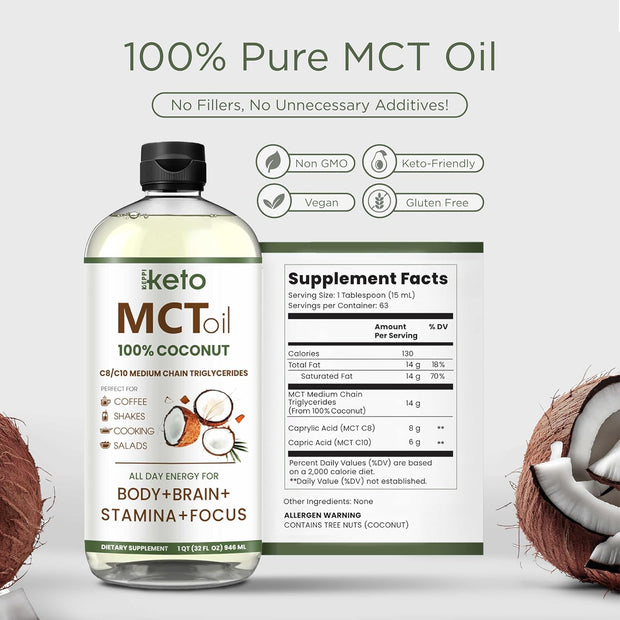 Keppi MCT Oil - From 100% Coconuts - Flavorless C8 and C10, Non-GMO, Certified Gluten-Free, Palm Oil Free, Vegan, Kosher, Halal, 32 oz Coconut Oil