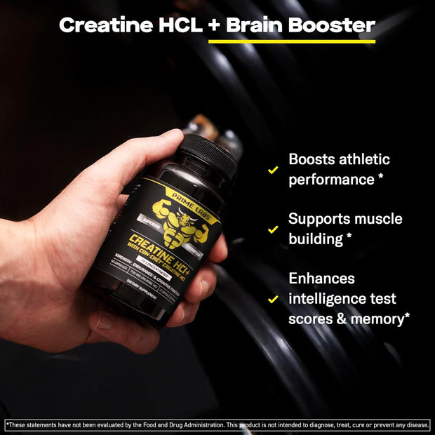 Prime Labs Creatine HCl Capsules - with CON-CRĒT®, Rhodiola Root Extract, & L-Theanine - Muscle Support, Endurance, Cognitive Function - for Men & Women - 60 Pills