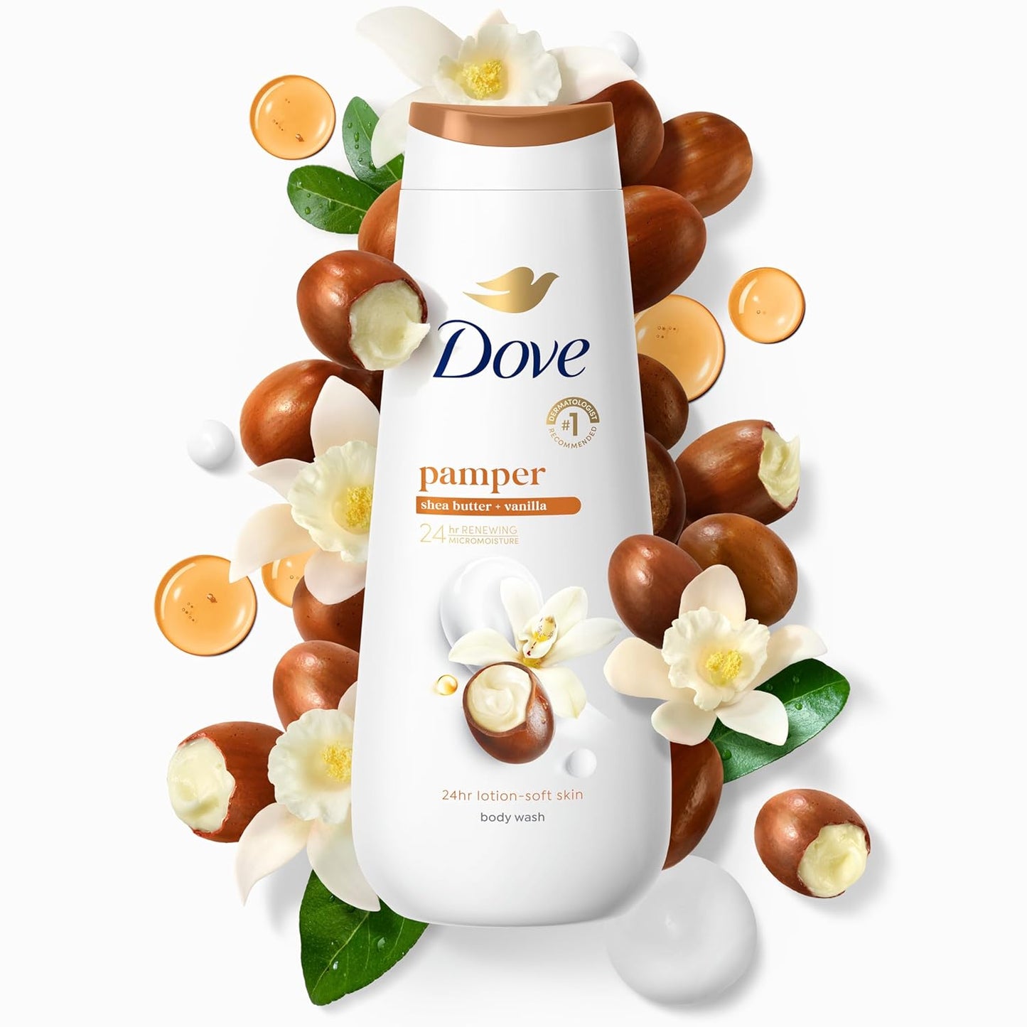 Dove Body Wash Pamper Shea Butter & Vanilla for 24hr Lotion-Soft Skin Moisturizing Skin Cleanser with No Sulfates No Parabens 20 oz