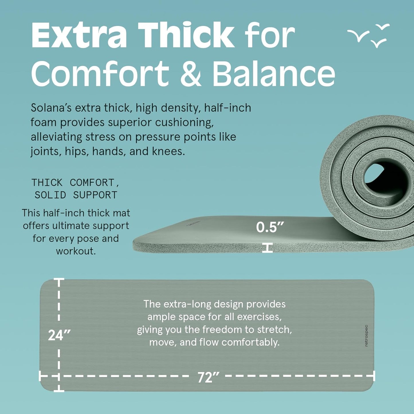 Retrospec Solana Yoga Mat 1/2" Thick w/Nylon Strap for Men & Women - Non Slip Exercise Mat for Yoga, Pilates, Stretching, Floor & Fitness Workouts