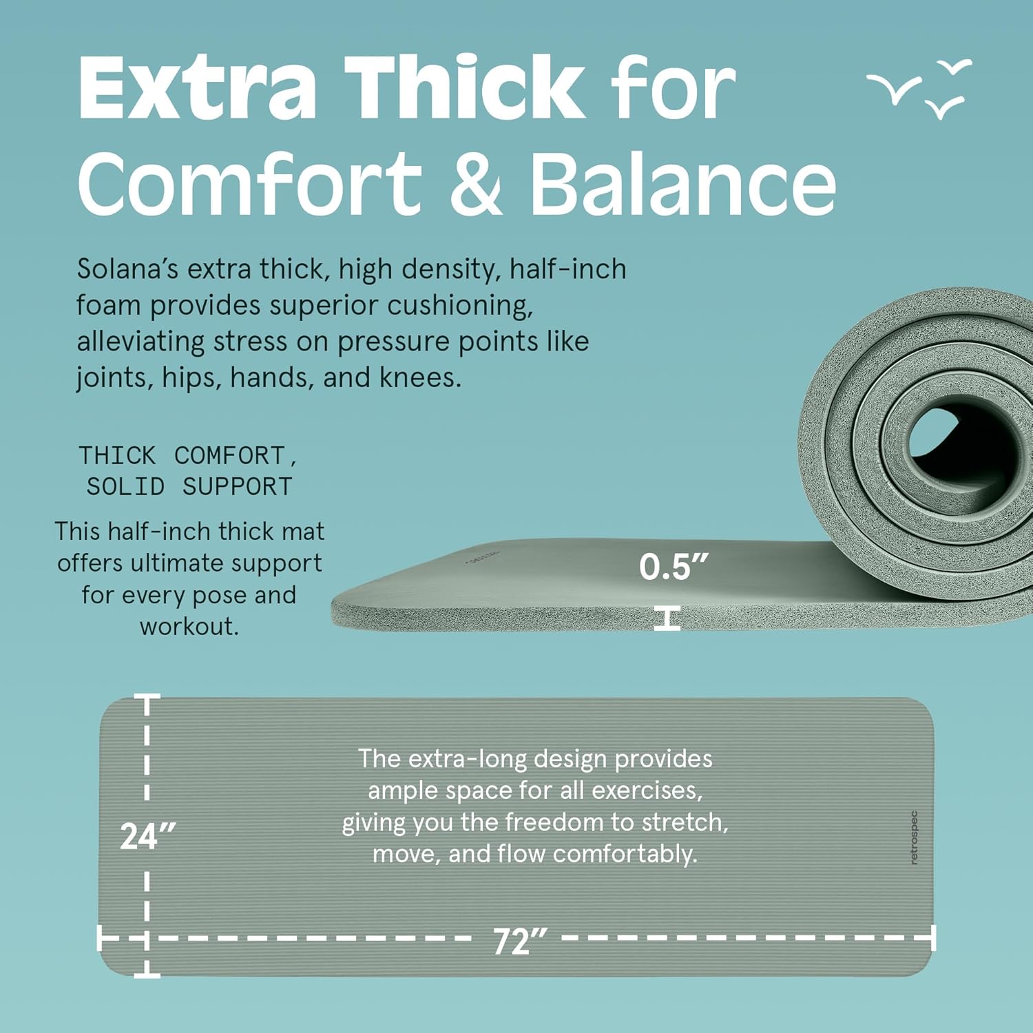 Retrospec Solana Yoga Mat 1/2" Thick w/Nylon Strap for Men & Women - Non Slip Exercise Mat for Yoga, Pilates, Stretching, Floor & Fitness Workouts