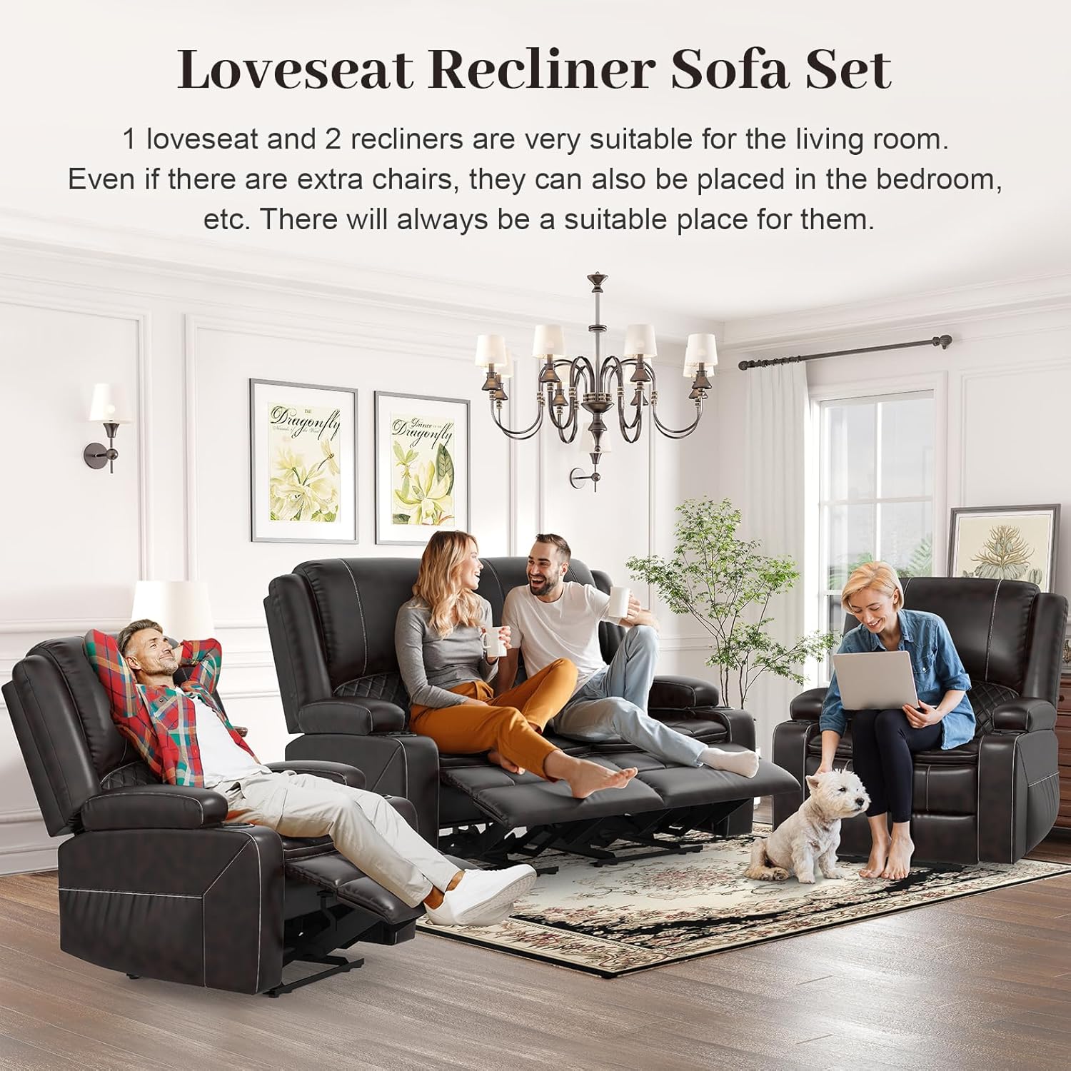 Loveseat Recliner Sofa Set with 2-Tier Cushion, 2+1+1 Pieces in Living Room, 2 Seater Reclining Loveseat Leather with Removable Console, 2 Oversize Recliner Chair Sofa Seat - Grey