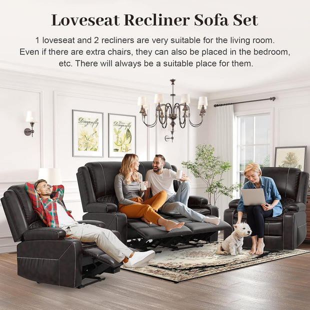 Loveseat Recliner Sofa Set with 2-Tier Cushion, 2+1+1 Pieces in Living Room, 2 Seater Reclining Loveseat Leather with Removable Console, 2 Oversize Recliner Chair Sofa Seat - Grey