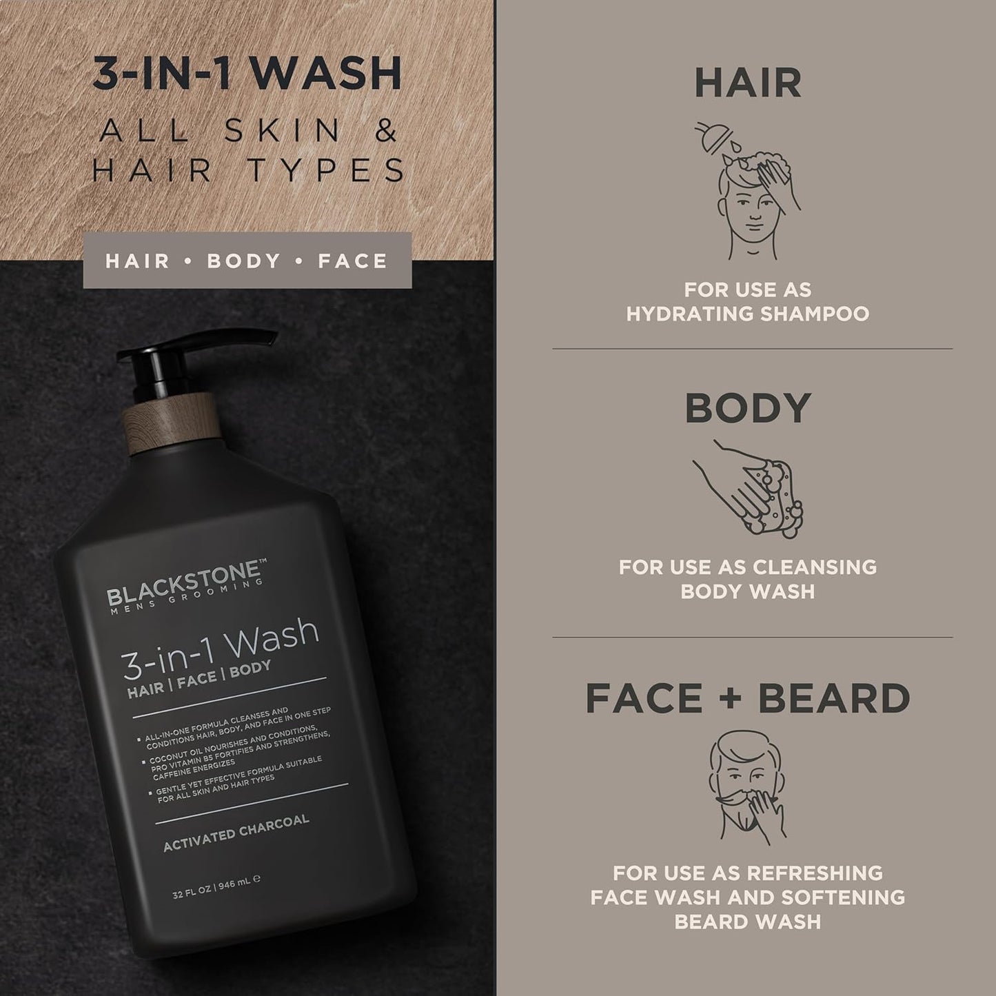 Blackstone Men's Grooming 3-in-1 Wash for Men with Coconut Oil, Vitamin B5 and Caffeine | Cleanses & Conditions Hair, Body, & Face | For All Skin & Hair Types - Activated Charcoal (32 Fl Oz)