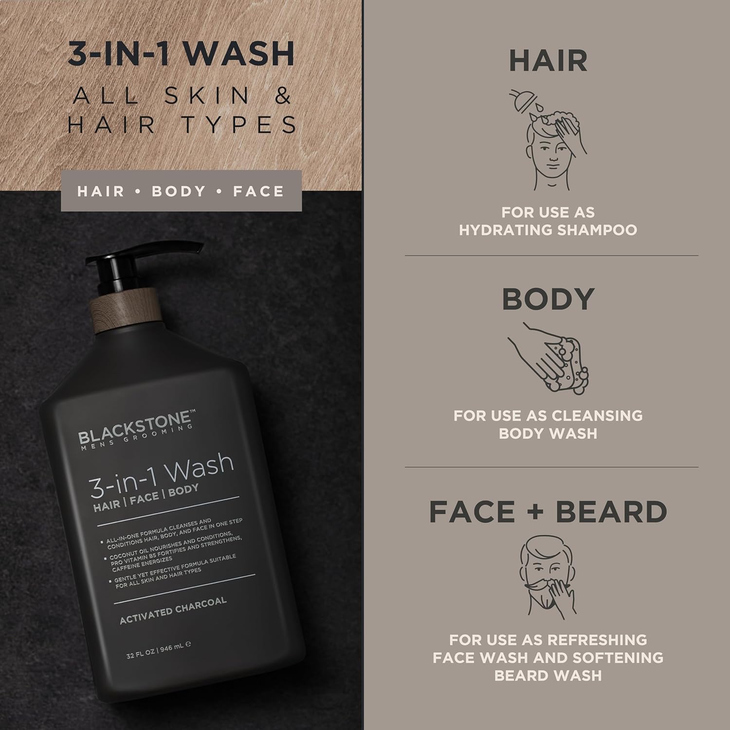 Blackstone Men's Grooming 3-in-1 Wash for Men with Coconut Oil, Vitamin B5 and Caffeine | Cleanses & Conditions Hair, Body, & Face | For All Skin & Hair Types - Activated Charcoal (32 Fl Oz)