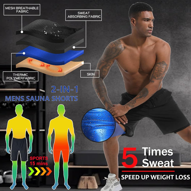 Sauna Shorts for Men 2 in 1 Sweat Shorts Men Sauna Suit Compression Liner Athletic Workout Pants with Pockets