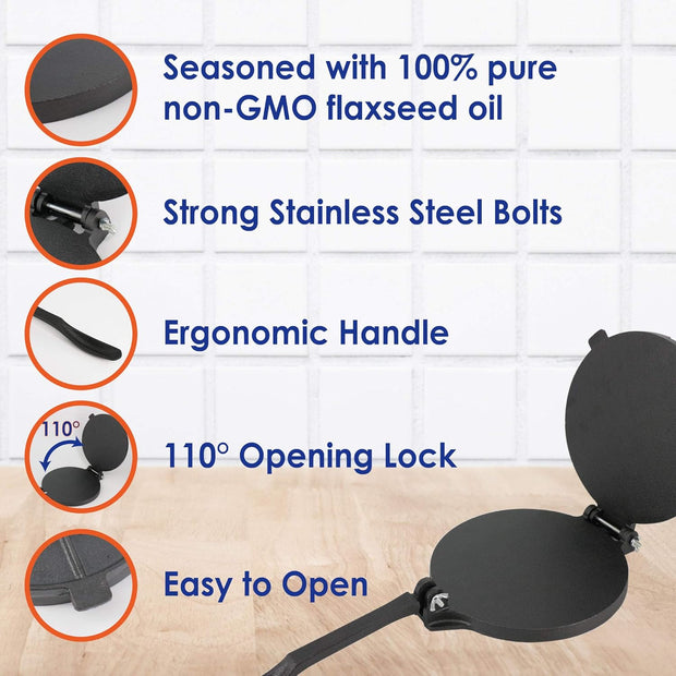 10 Inch Cast Iron Tortilla Press by StarBlue with FREE 100 Pieces Oil Paper and Digital Recipes e-book - Tool to make Indian style Chapati, Flour Tortilla, Roti