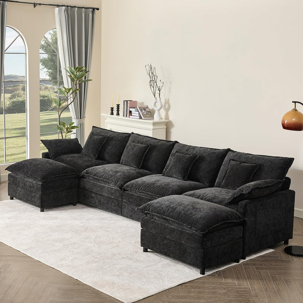 108" U Shaped Couch, Modular Sectional Sofa, 3-Seater Comfy Cloud Couch with Movable Ottoman, Deep Seat Couches for Living Room, Chenille, Slate