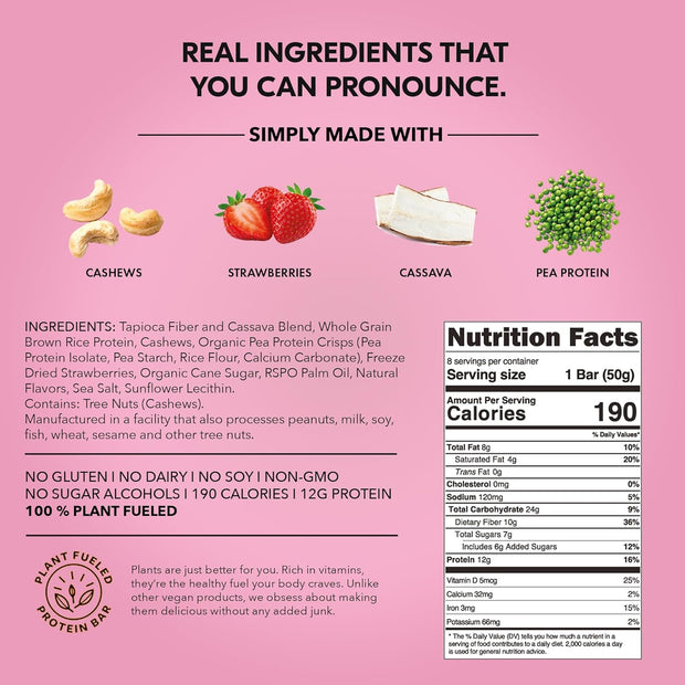 TRUBAR Vegan Protein Bar, Strawberry Shorty Got Cake, Gluten Free, Plant Based Protein, Dairy Free, Non GMO, Soy Free, No Sugar Alcohols, 12G Protein, 12G Fiber, 23G Carb, On the Go Snack Bars, 12 CT