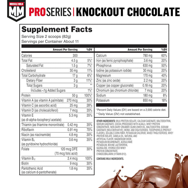 Muscle Milk Pro Series Protein Powder Supplement,Knockout Chocolate,2 Pound,11 Servings,50g Protein,3g Sugar,20 Vitamins & Minerals,NSF Certified for Sport,Workout Recovery,Packaging May Vary