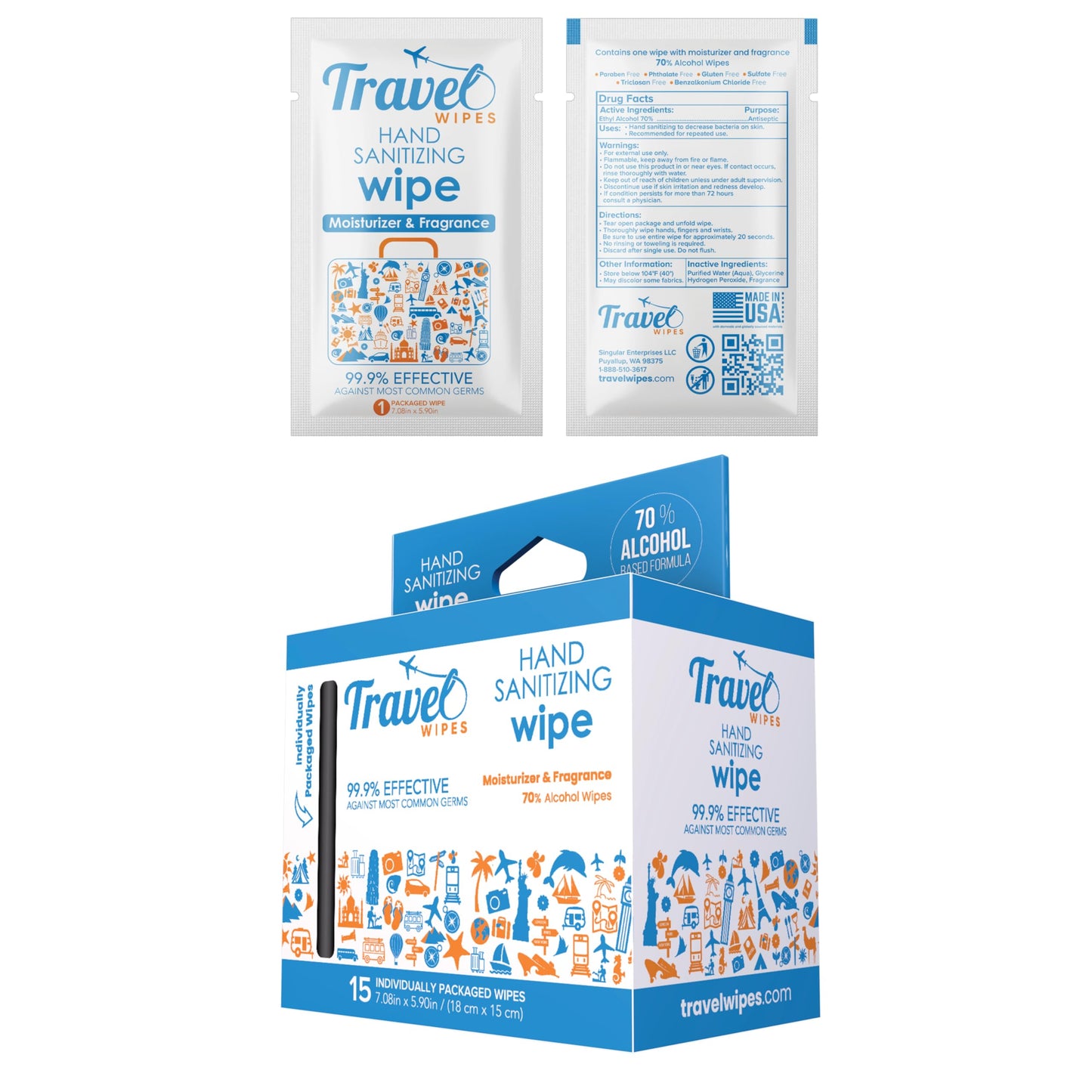 Hand Sanitizing Travel Wipes – 30ct Individually Wrapped | Fragrance-Free, Moisturizing, 70% Isopropyl Alcohol Wipes | Travel, Home, Office, Daily Use | Made in USA