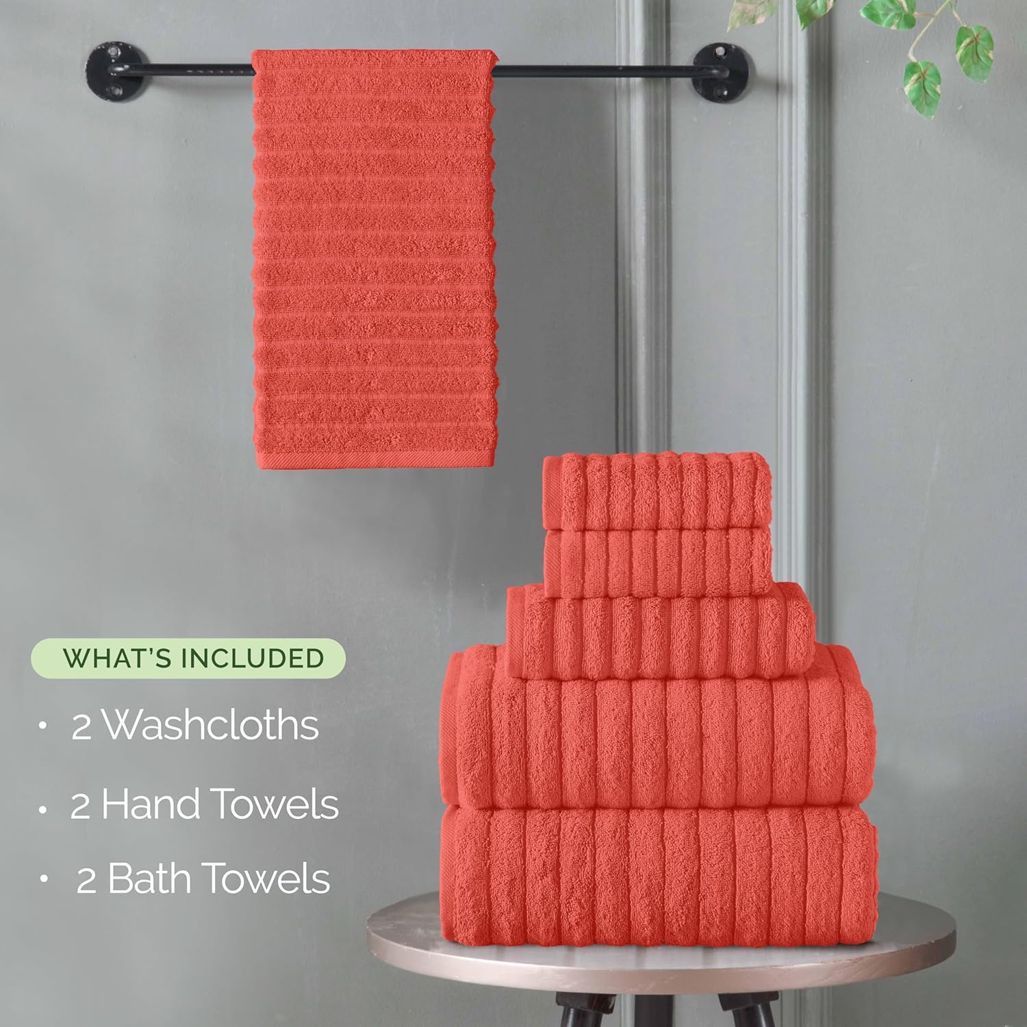Elegant Comfort 100% Turkish Cotton Corduroy Ribbed Luxury Bath Towels 6-Piece Set, Premium Feel - Quick Dry, Highly Absorbent, Contains 2 Bath Towels, 2 Hand Towels, and 2 Washcloths, Coral