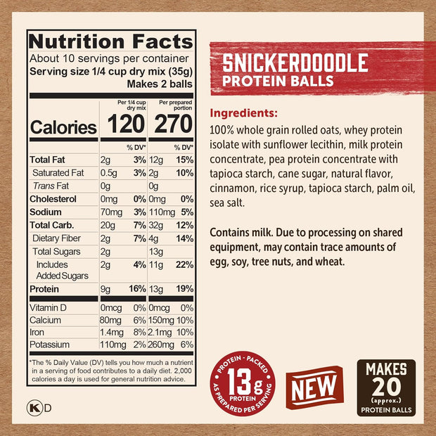 Kodiak Cakes Oatmeal Protein Ball Mix, Snickerdoodle, High Protein, 100% Whole Grains, (Pack of 6)