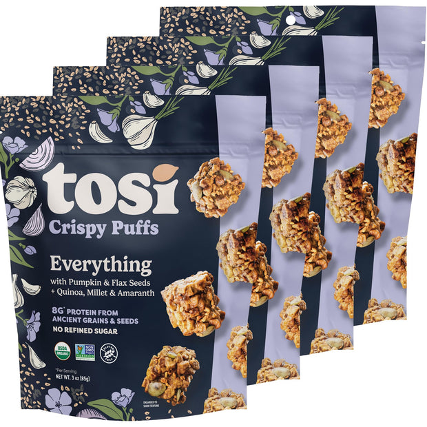 Tosi Crispy Puffs (3oz, 4 Pack), Vegan Crunchy Snacks, 8g Plant Based Protein, Nut-Free, Allergen Friendly, Healthy Snacks for Adults & Kids, Gluten Free Treats, Ancient Grains (Cinnamon Apple)