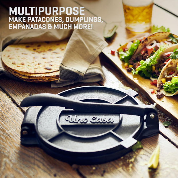 Uno Casa Cast Iron Tortilla Press 8 Inch - Tortilla Maker Press, Pre-Seasoned Roti Maker with 100 Pcs Parchment Paper - Heavy Duty Quesadilla Maker for Homemade Flatbreads, Rotis, Empanadas