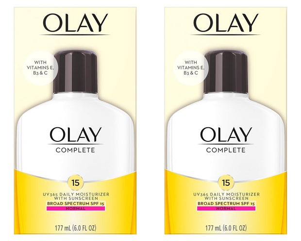 Olay Face Moisturizer, Complete with Sunscreen SPF 15, Daily Facial Lotion for Normal Skin, Lightweight Hydrating Broad Spectrum Sun Protection - Vitamin C, E, and Niacinamide - 6 Oz 2 Pack