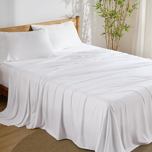 Bedsure King Size Sheet Set, Cooling Sheets King, Rayon Derived from Bamboo, Deep Pocket Up to 16", Breathable & Soft Bed Sheets, Hotel Luxury Silky Bedding Sheets & Pillowcases, White