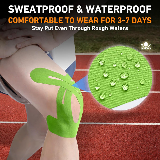 PreCut Kinesiology Tape for Knees, 12 PCS Waterproof KTQUICK Knee Tape for Knee Pain Relief Pre Cut, Original Cotton Athletic Knee Tape, Waterproof & Hypoallergenic Latex-Free for Sports (Black)