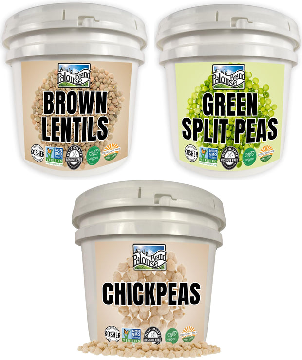 Palouse Brand Emergency Legume Bucket Supply | Certified Glyphosate Residue Free | 75 LBS | Chickpeas, Lentils and Green Split Peas [25 lbs each]
