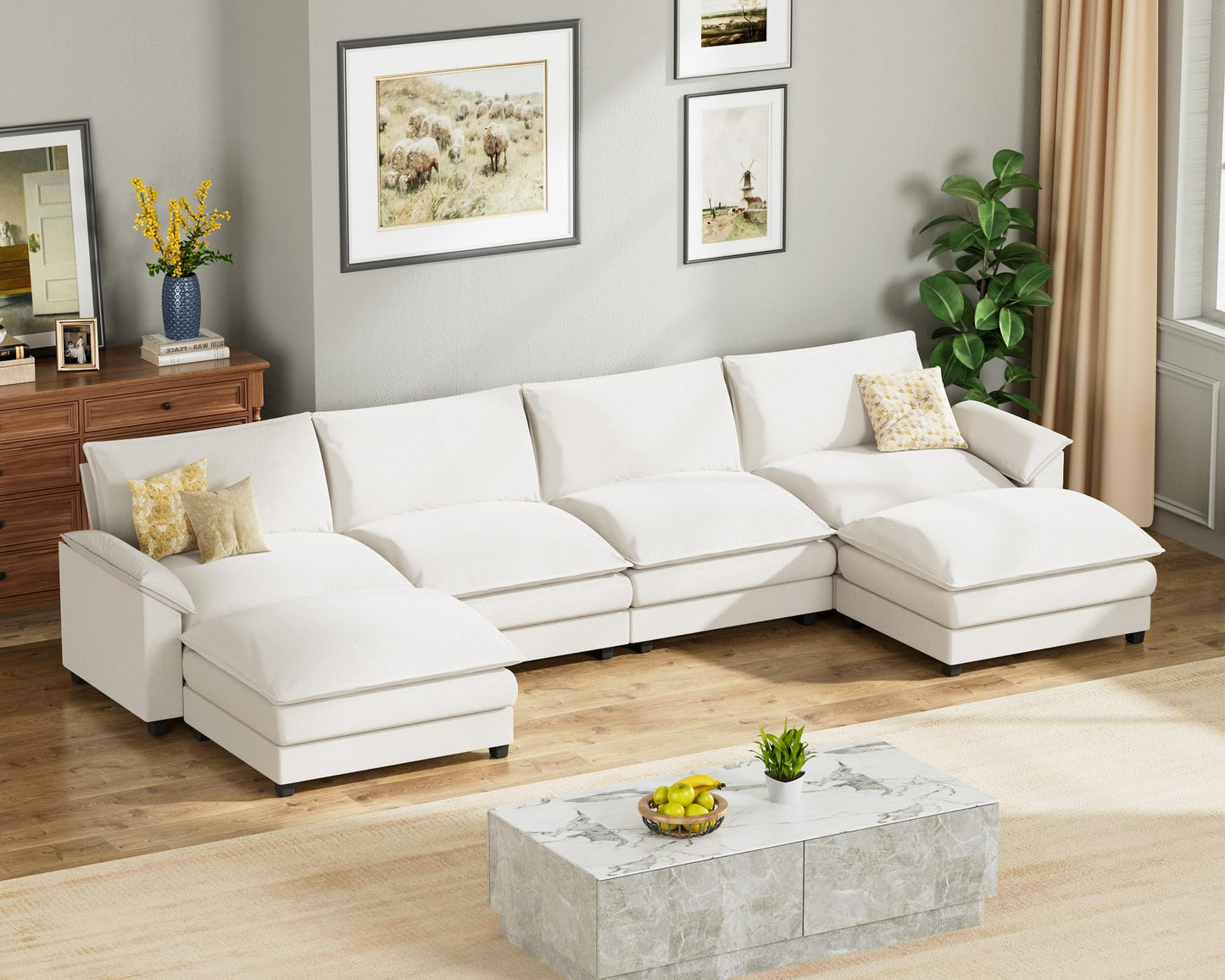 Homall 119" Modular Sectional Sofa, L Shaped Sofa Couch with Reversible Ottoman, DIY Combination Chenille Deep 3-Seat Cloud Couch for Living Room, Apartment (Light Grey, L Shaped Sofa)