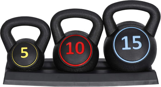 3-Piece Kettlebell Set with Storage Rack, Wide Grip Strength Training kettlebells, 5 lbs 10 lbs 15 lbs, Exercise Fitness Concrete Weight, Full Body HIIT Workout