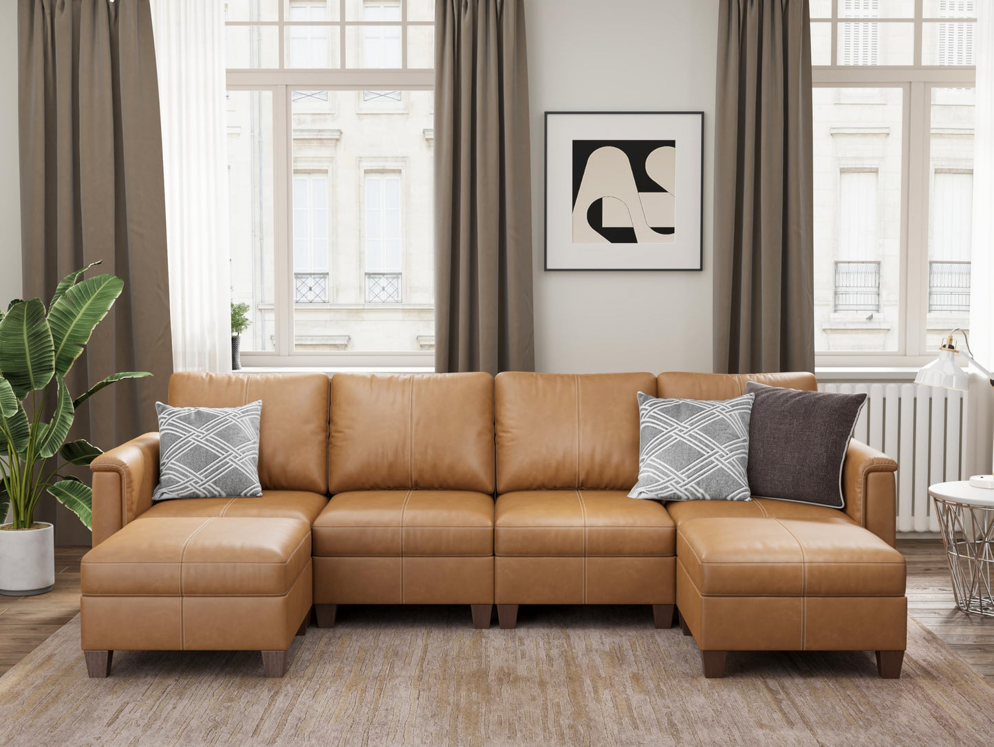 Faux Leather Modular Sectional Couches for Living Room, Modular Convertible U-Shaped Sectioanl Sofa with Storage & Ottoman, Brown