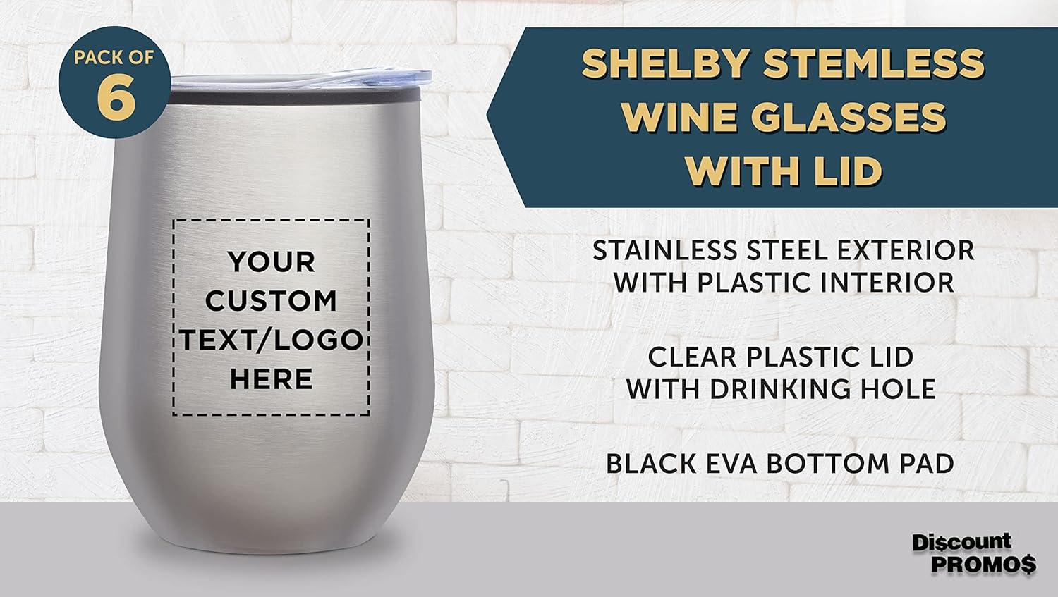 Custom Stemless Wine Tumblers 12 oz. Set of 6, Personalized Bulk Pack - Insulated, Perfect for Wine, Cocktails, Other Hot & Cold Beverages - Silver