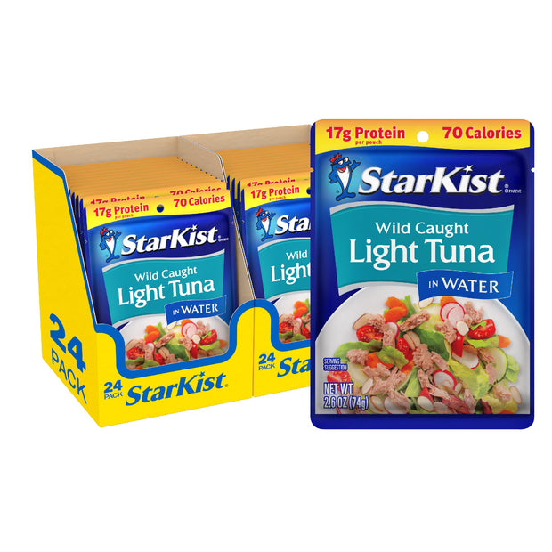 StarKist Chunk Light Tuna in Water, 2.6 oz Pouch (10 Pack) Ready to Eat Wild Caught Tuna, 17g Protein, 70 Calories Per Serving, Gluten Free, Soy Free, Kosher, Perfect for Salads, Keto Meals and Snacks