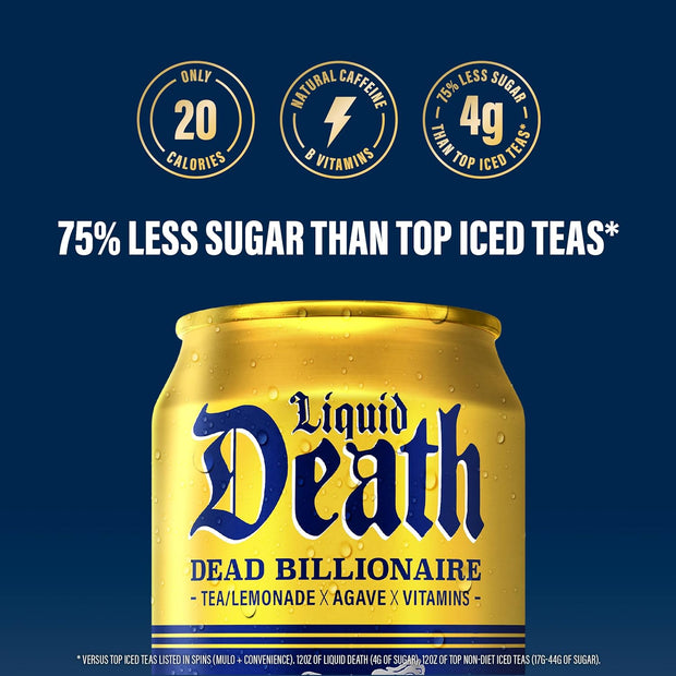Liquid Death, Dead Billionaire Iced Tea, 12-Pack (12 oz Cans), Half Lemonade Half Black Tea, Low Calorie, No Artificial Sweeteners, B12 & B6 Vitamins