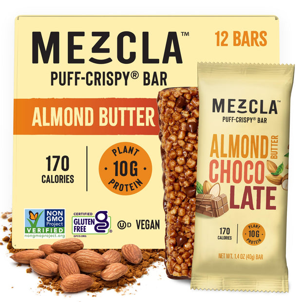 Mezcla Puff Crispy Protein Bars, Gluten Free & Vegan Protein Bars, 10g Protein, Alt for Crispy Rice Treat, Granola Bars & Breakfast Bars, Healthy Snacks for Adults, Peanut Butter Chocolate, 12 Pack