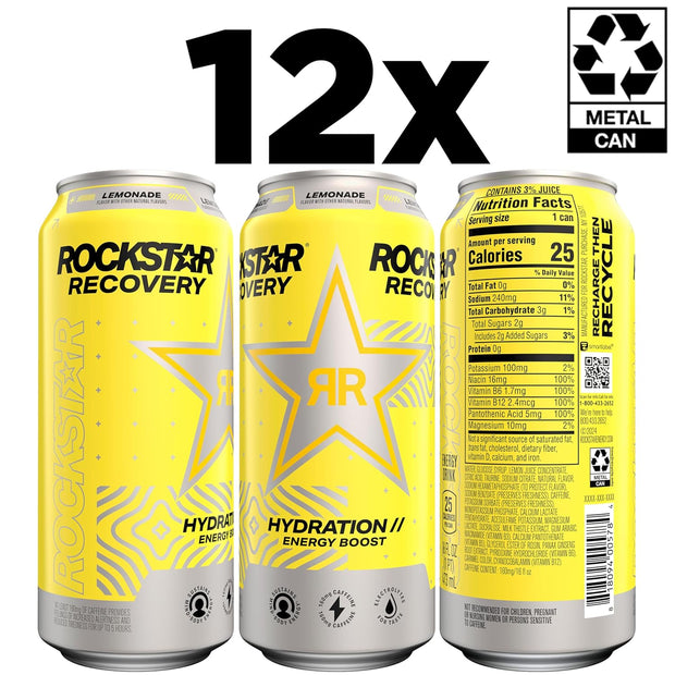 Rockstar Energy Drink with Caffeine Taurine and Electrolytes, Recovery Lemonade, 16oz (12 Pack) (Packaging May Vary)