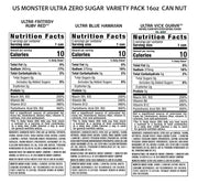 Monster Energy Ultra Variety Pack, Blue Hawaiian, Ultra Vice Guava, Ultra Fantasy Ruby Red, Sugar Free Energy Drink, 16 Ounce (Pack of 15)