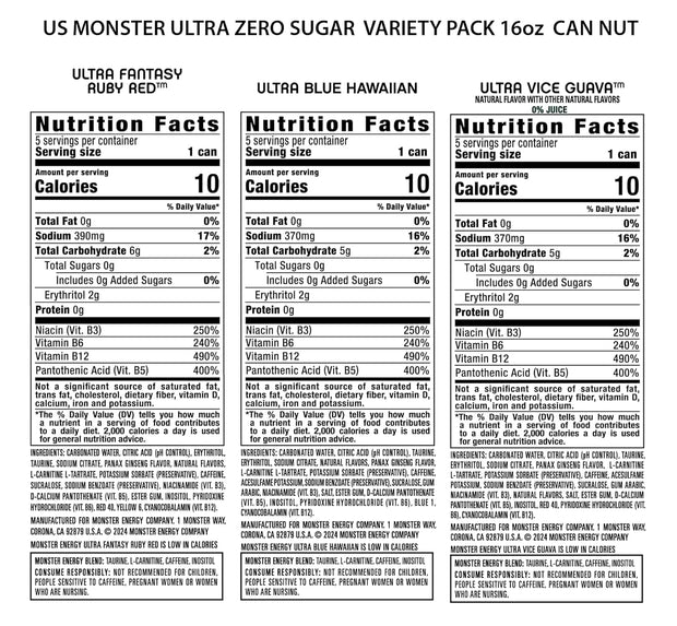 Monster Energy Ultra Variety Pack, Blue Hawaiian, Ultra Vice Guava, Ultra Fantasy Ruby Red, Sugar Free Energy Drink, 16 Ounce (Pack of 15)
